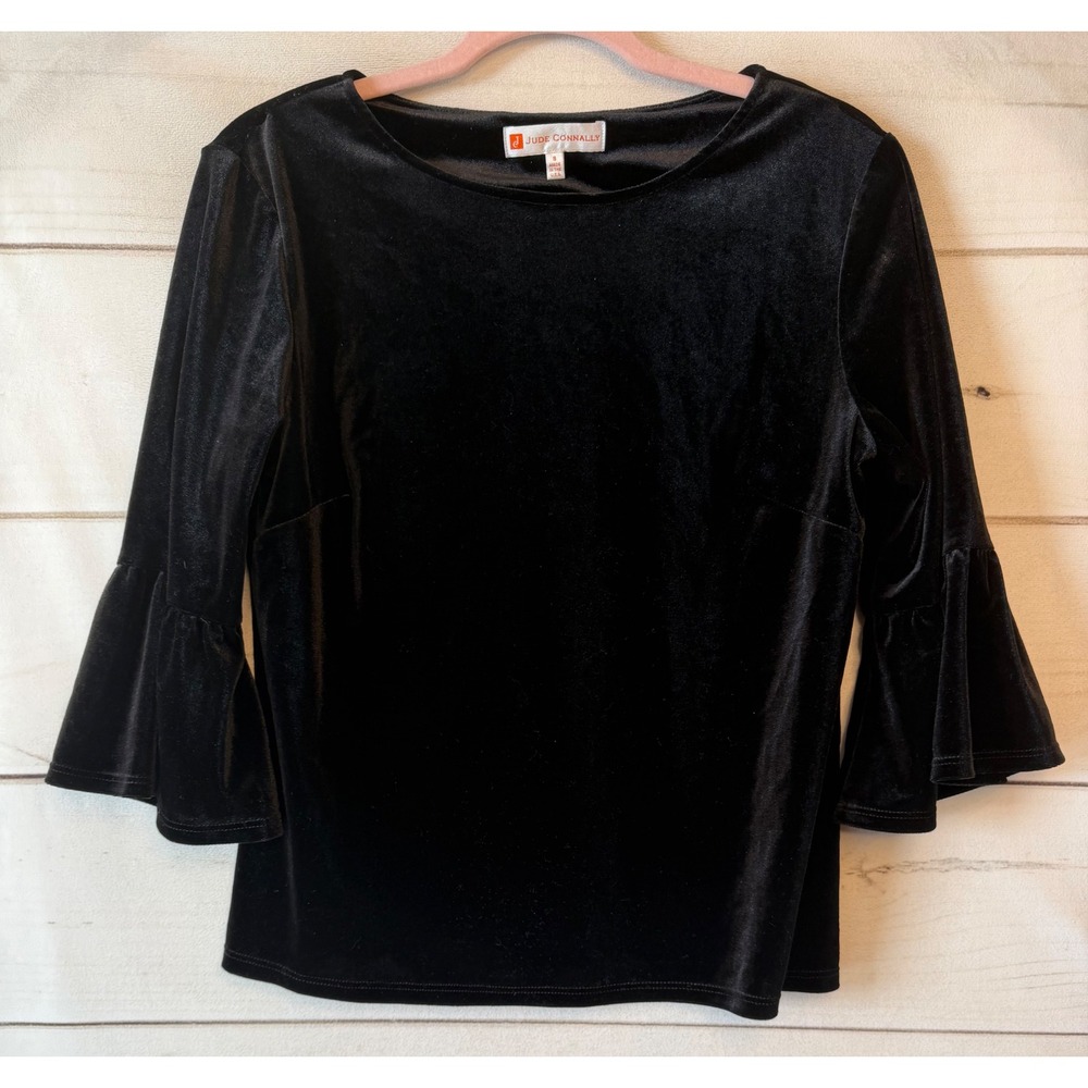 Jude Connally Black Velvet Bell Sleeve Top Boat Neck 308533 Size S